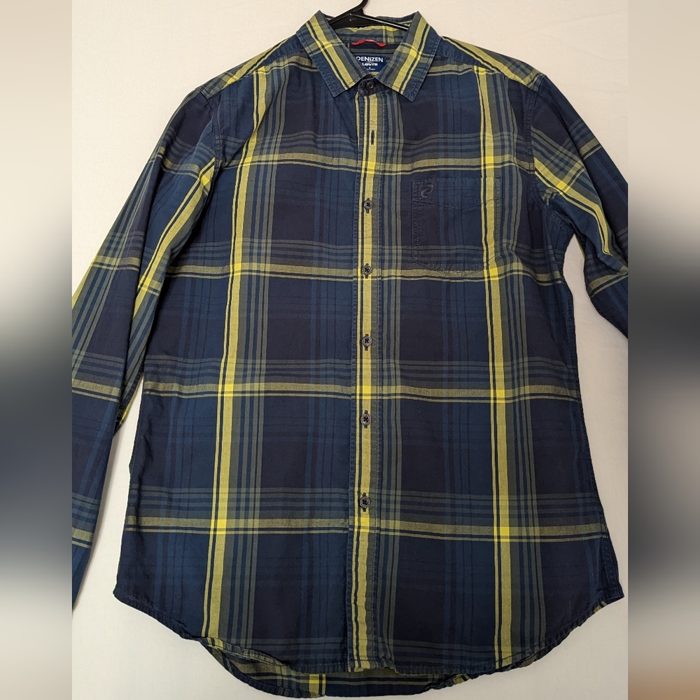 Levi's Men's Navy Blue and Yellow Plaid Shirt